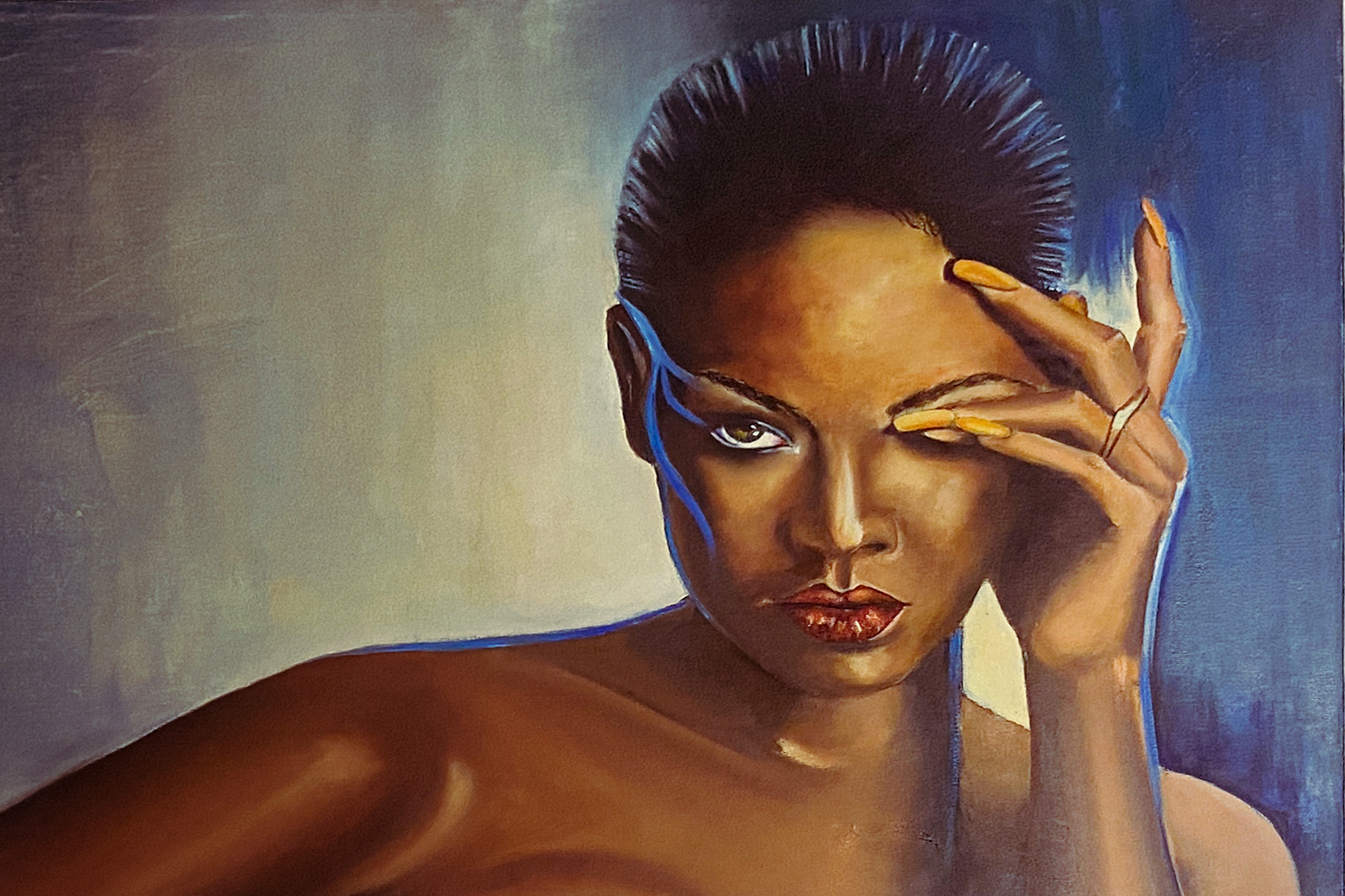 Portrait peint d'une femme, la main sur le front, sur fond bleu